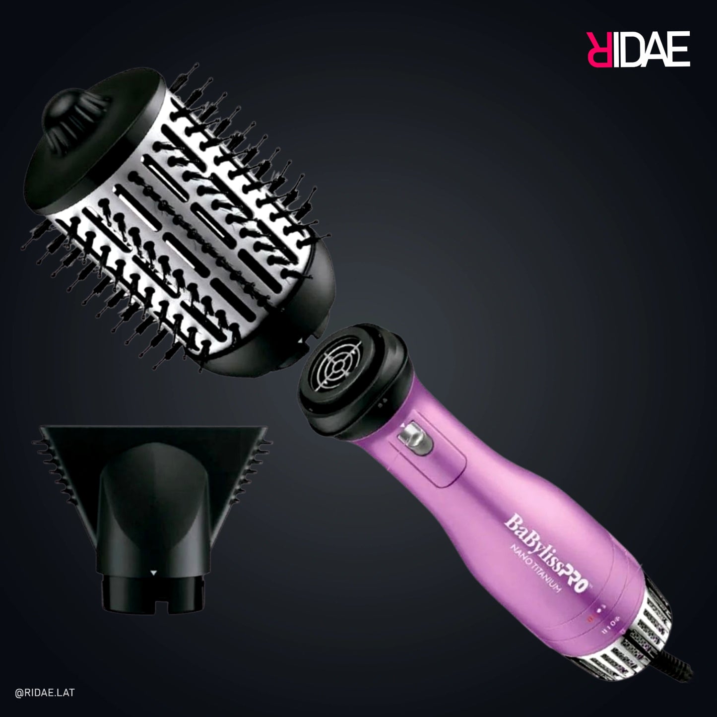Cepillo de aire giratorio BaBylissPRO Nano Titanium color lila desmontado mostrando el mango, el cabezal de cerdas y la boquilla concentradora sobre fondo oscuro.