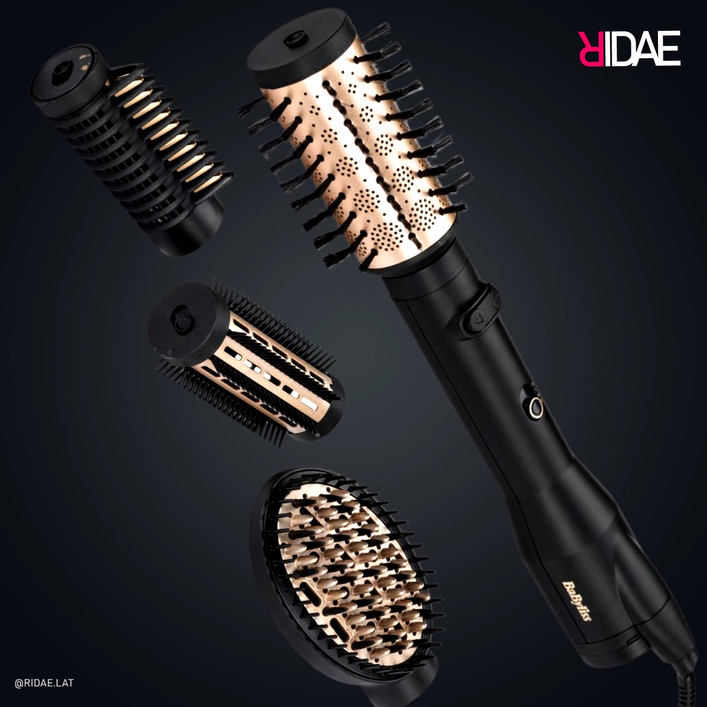 Kit de cepillo de aire rotatorio BaByliss Big Hair Luxe color negro y dorado con cuatro cabezales intercambiables flotando sobre fondo oscuro.