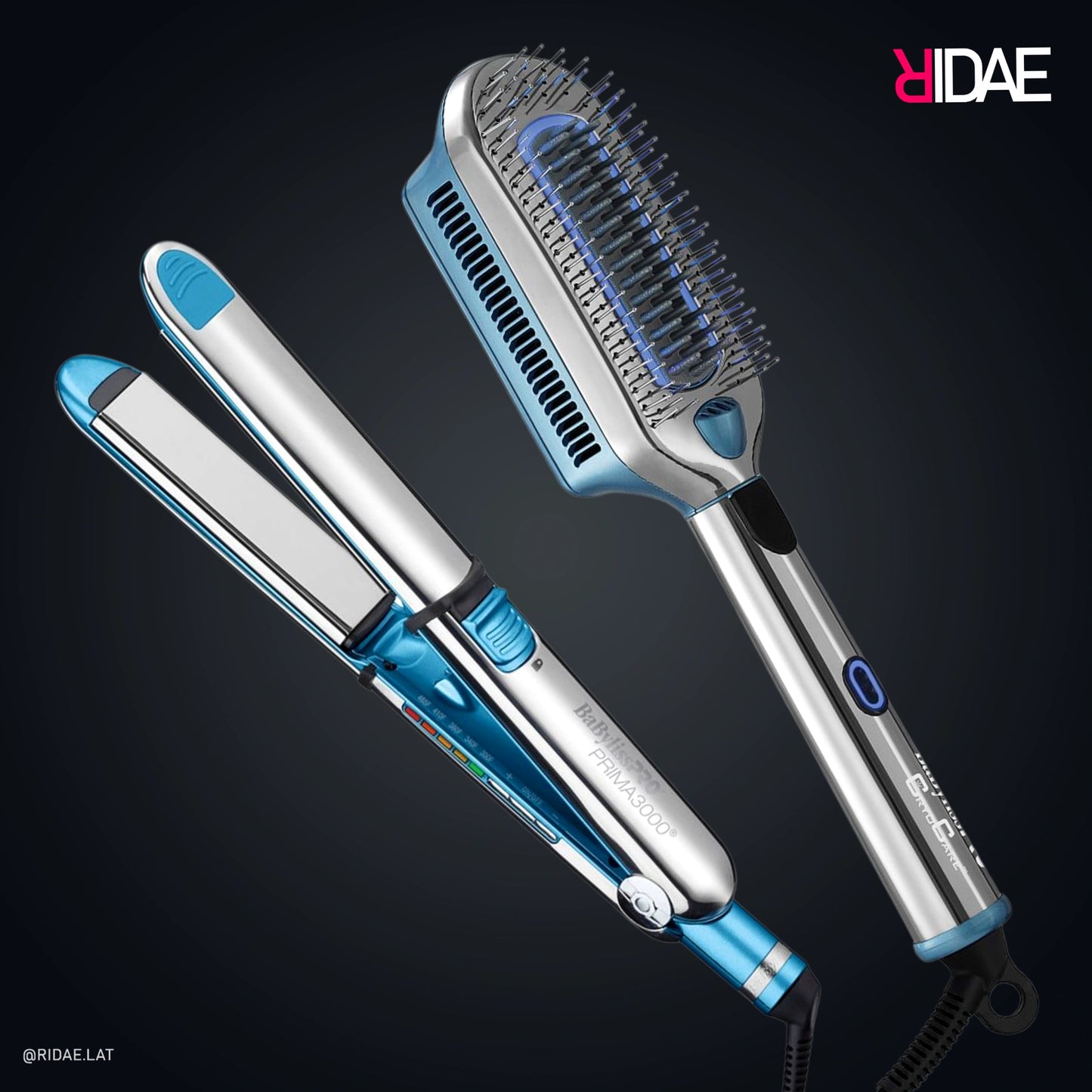 Set de herramientas BaBylissPRO que incluye la plancha Prima 3000 de acero inoxidable y el cepillo de crioterapia The ColdBrush sobre fondo negro.