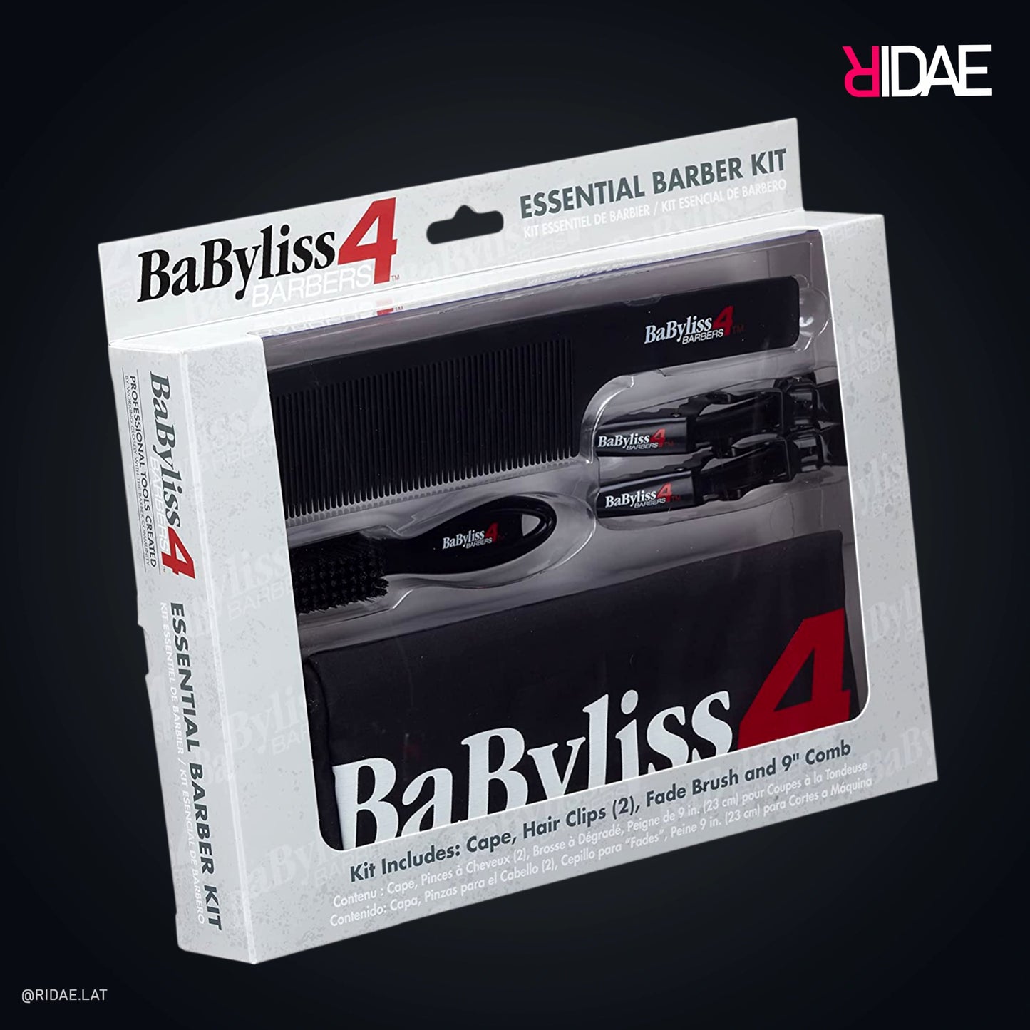 Caja del Kit de Barbería Esencial BaBylissPRO 4 Barbers que incluye peine negro clips cepillo y capa.