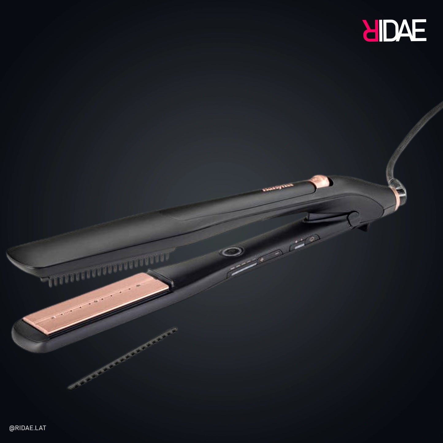 Plancha de pelo a vapor BaByliss Steam Lustre ST595E negra y rose gold con placas anchas, salidas de vapor y peine desenredante extraíble.