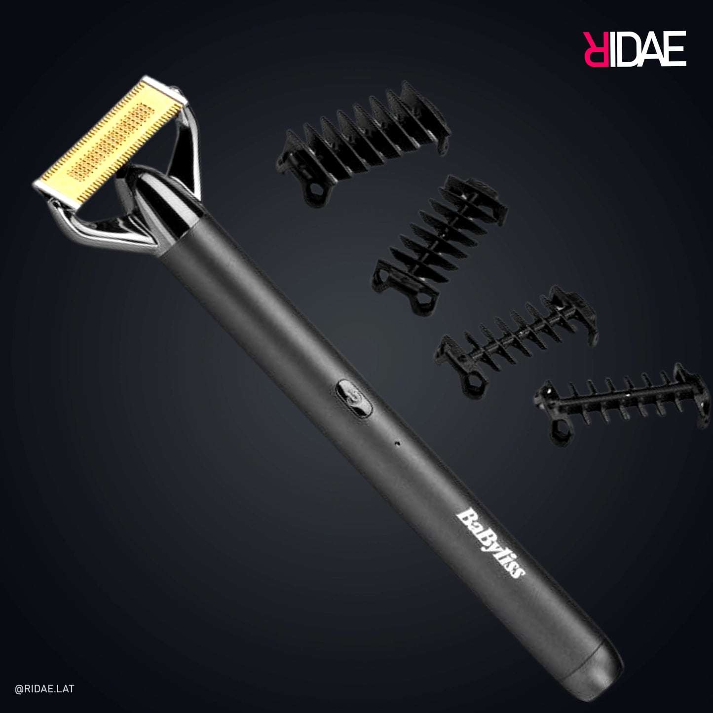 Recortadora híbrida BaByliss Super-X Metal Single Blade con mango negro y cabezal de hoja única dorada junto a cuatro peines guía negros