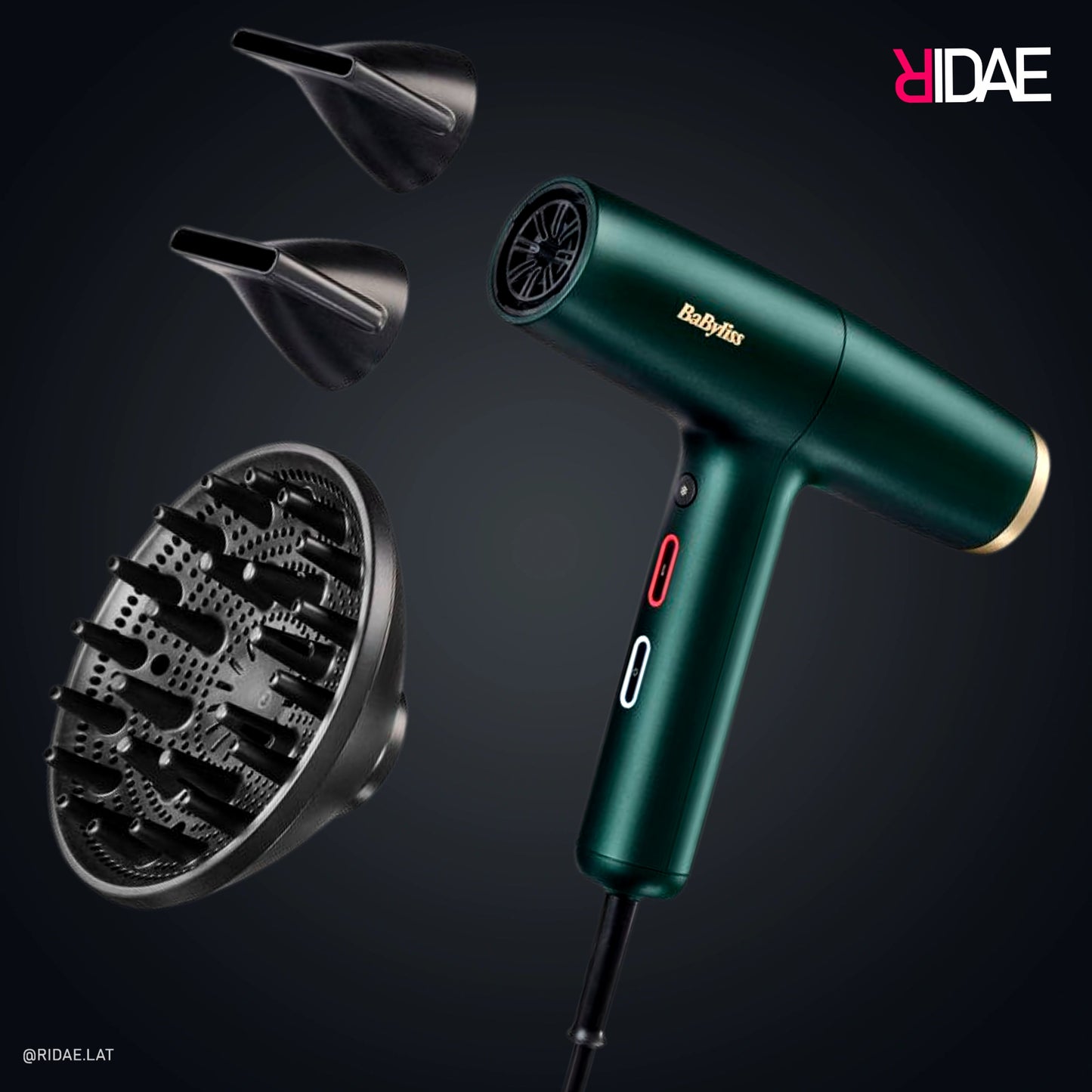 Secador de pelo BaByliss Salon Air Brilliance 2200W color verde bosque metalizado con detalles dorados, motor digital, dos boquillas concentradoras y difusor.