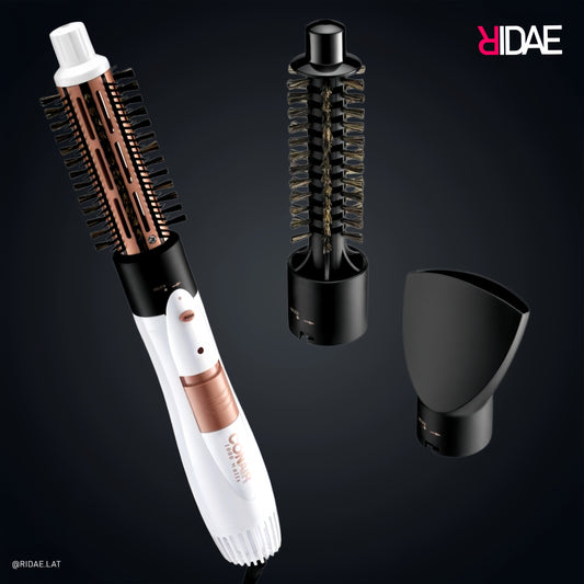 aonic hot air style brush double ceramic – cepillo secador 3 en 1 – vista con accesorios – barril cerámico – concentrador de aire – en uso cabello liso brillante.