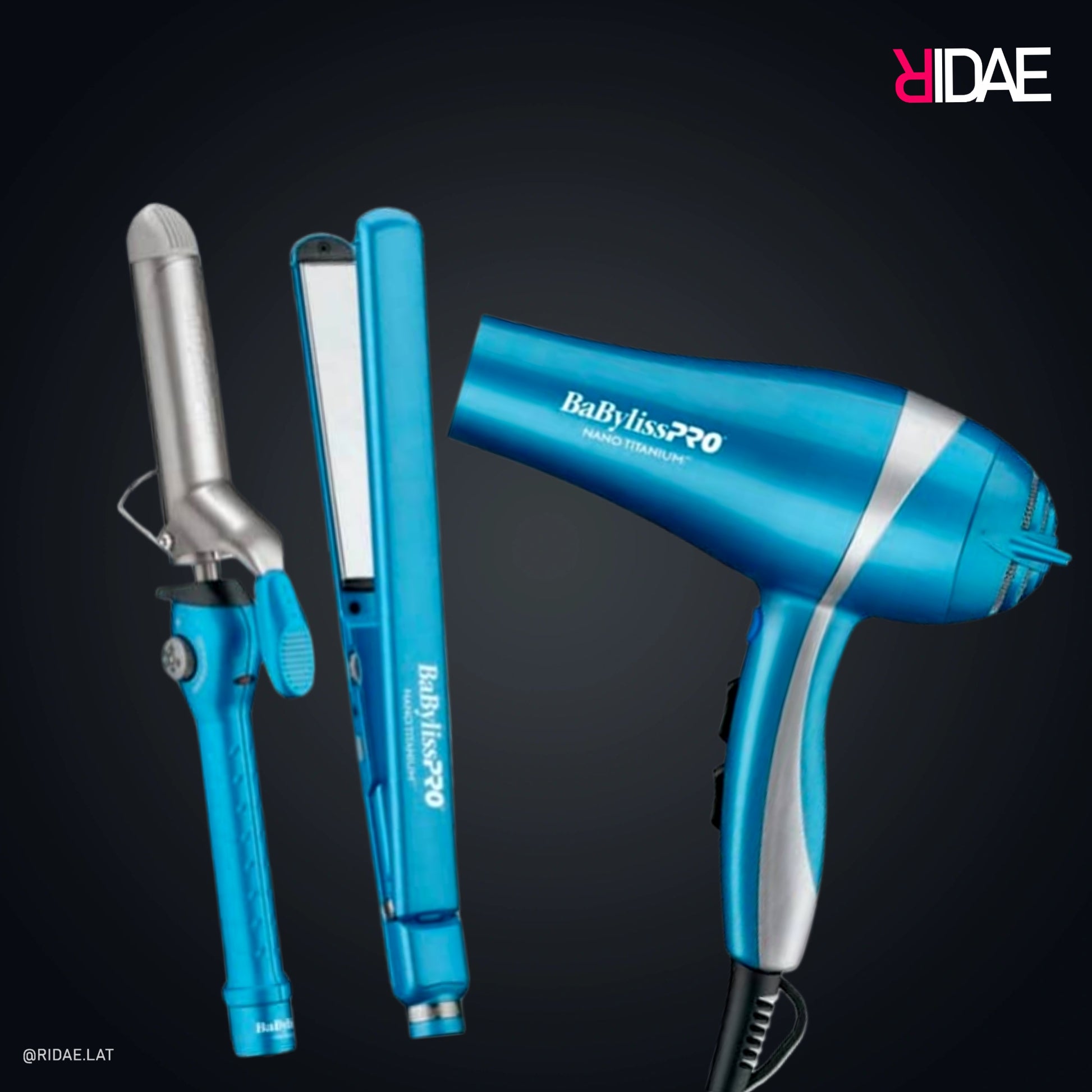 Combo BaBylissPRO Nano Titanium secador, plancha y rizadora azul profesional.