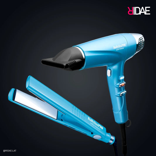 Combo BaBylissPRO Nano Titanium secador y plancha azul profesional.