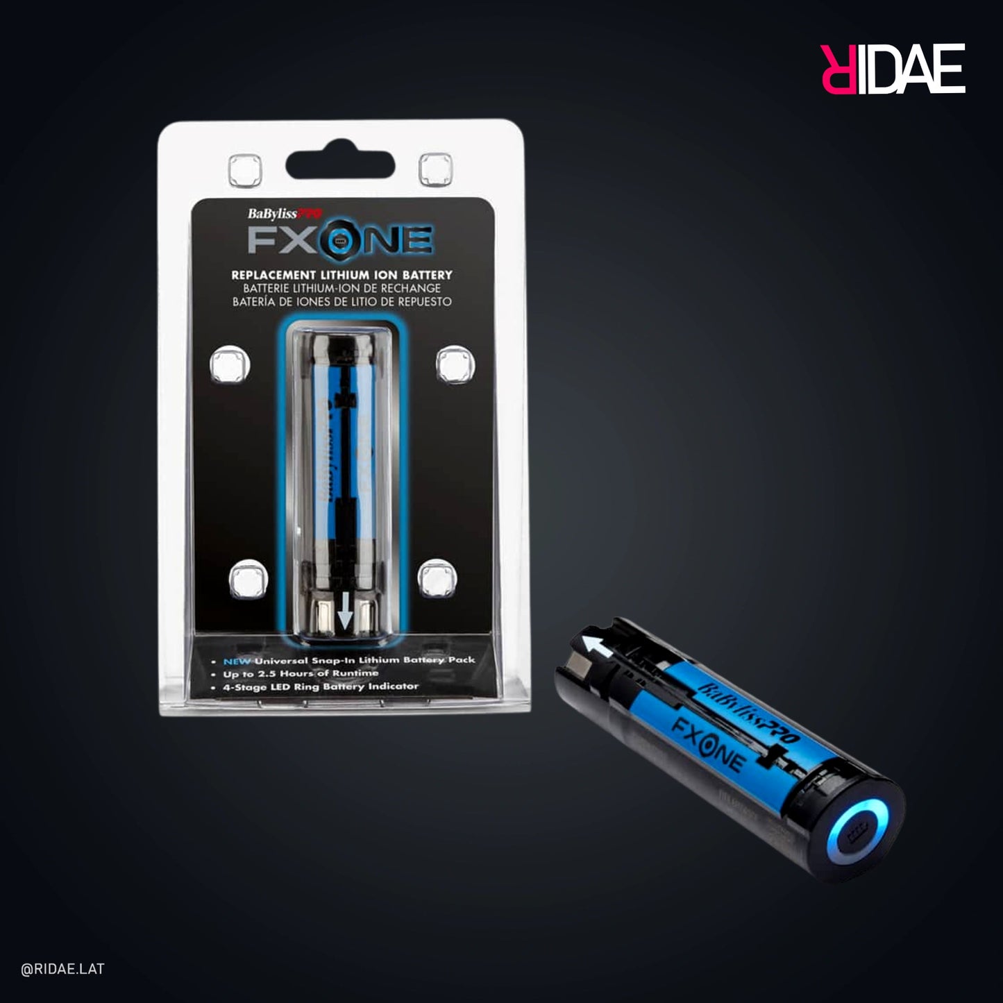 Batería de repuesto de litio BaBylissPRO FXONE FXBB24 en empaque con indicador de luz LED azul.
