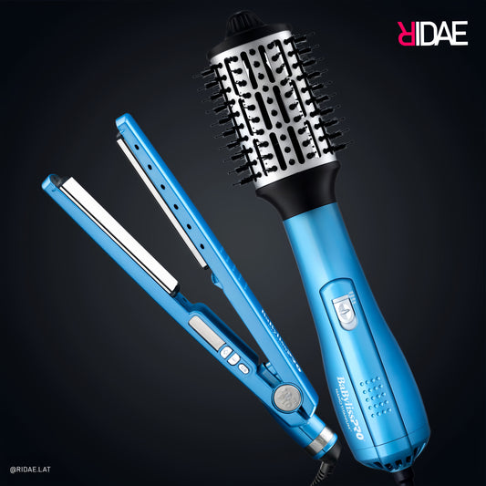 Combo BaBylissPRO Nano Titanium plancha 1¼″ y cepillo aire caliente 2½″ azul