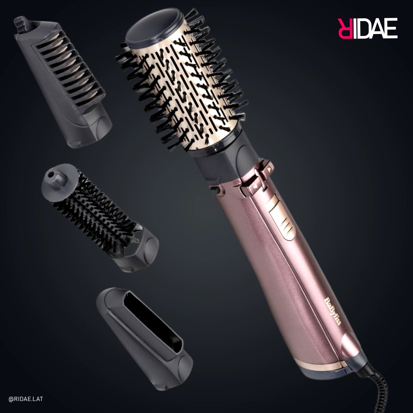 Kit de cepillo de aire rotatorio BaByliss Big Hair Luxe color rose gold con cuatro cabezales intercambiables: cepillo redondo, alisador, cepillo fijo y boquilla.