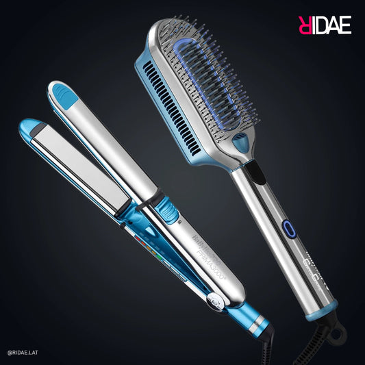 Set de herramientas BaBylissPRO que incluye la plancha Prima 3000 de acero inoxidable y el cepillo de crioterapia The ColdBrush sobre fondo negro.