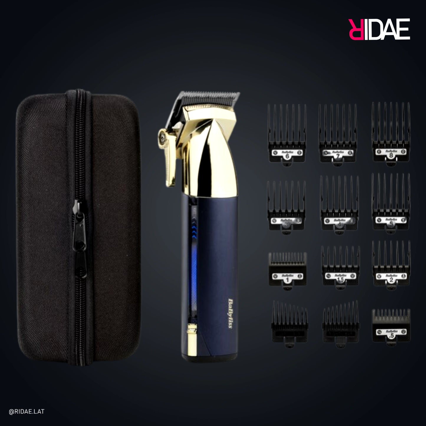 Cortadora de cabello BaByliss Midnight Luxe azul y dorada con estuche rígido negro y set de peines guía sobre fondo oscuro.