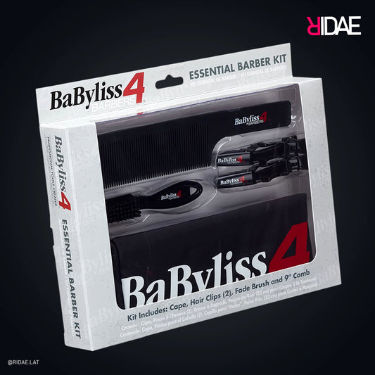 Caja del Kit de Barbería Esencial BaBylissPRO 4 Barbers que incluye peine negro clips cepillo y capa.