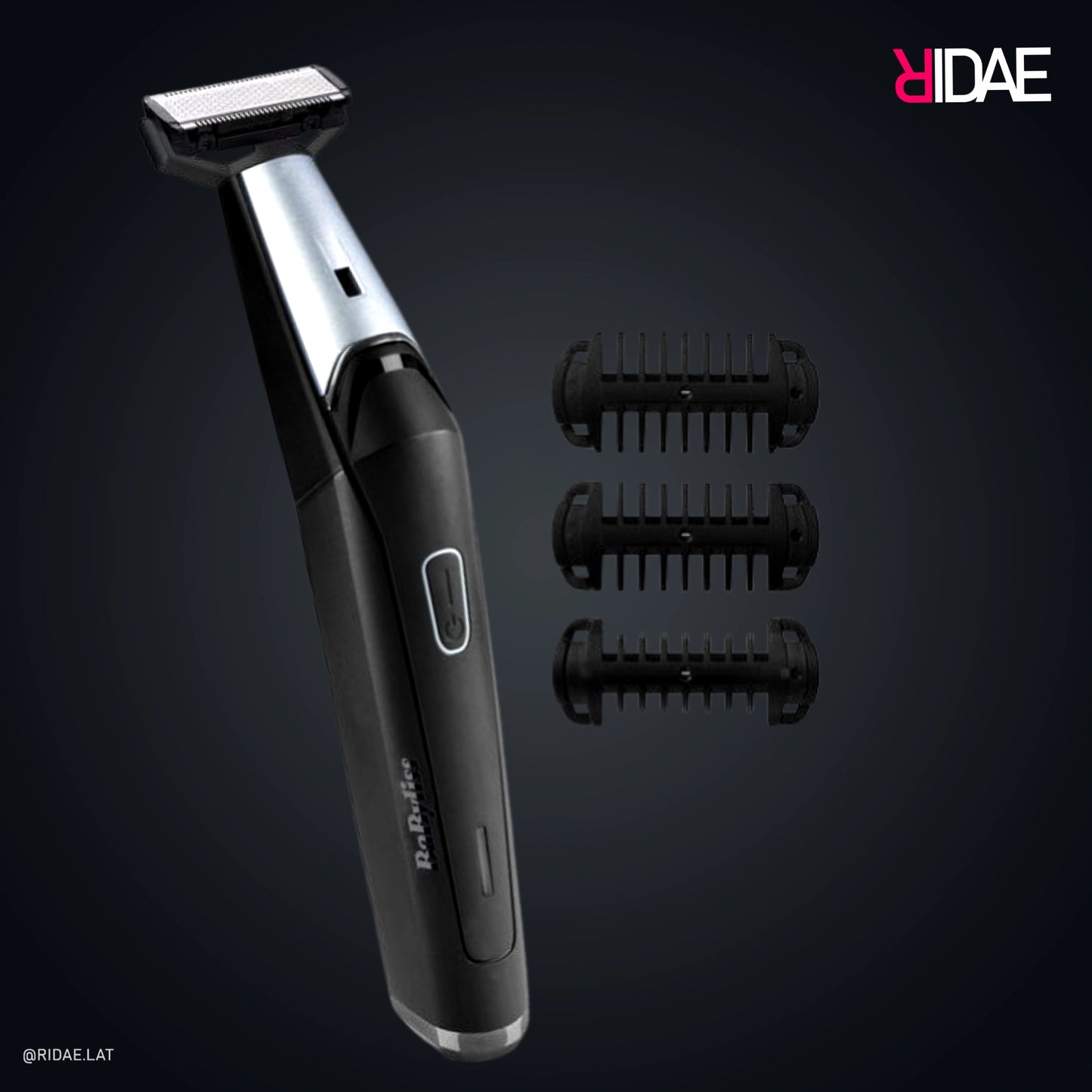 Recortadora híbrida BaByliss Super-X Metal Series X-Blade con mango negro y plateado, cuchilla de doble filo y tres peines guía flotantes.