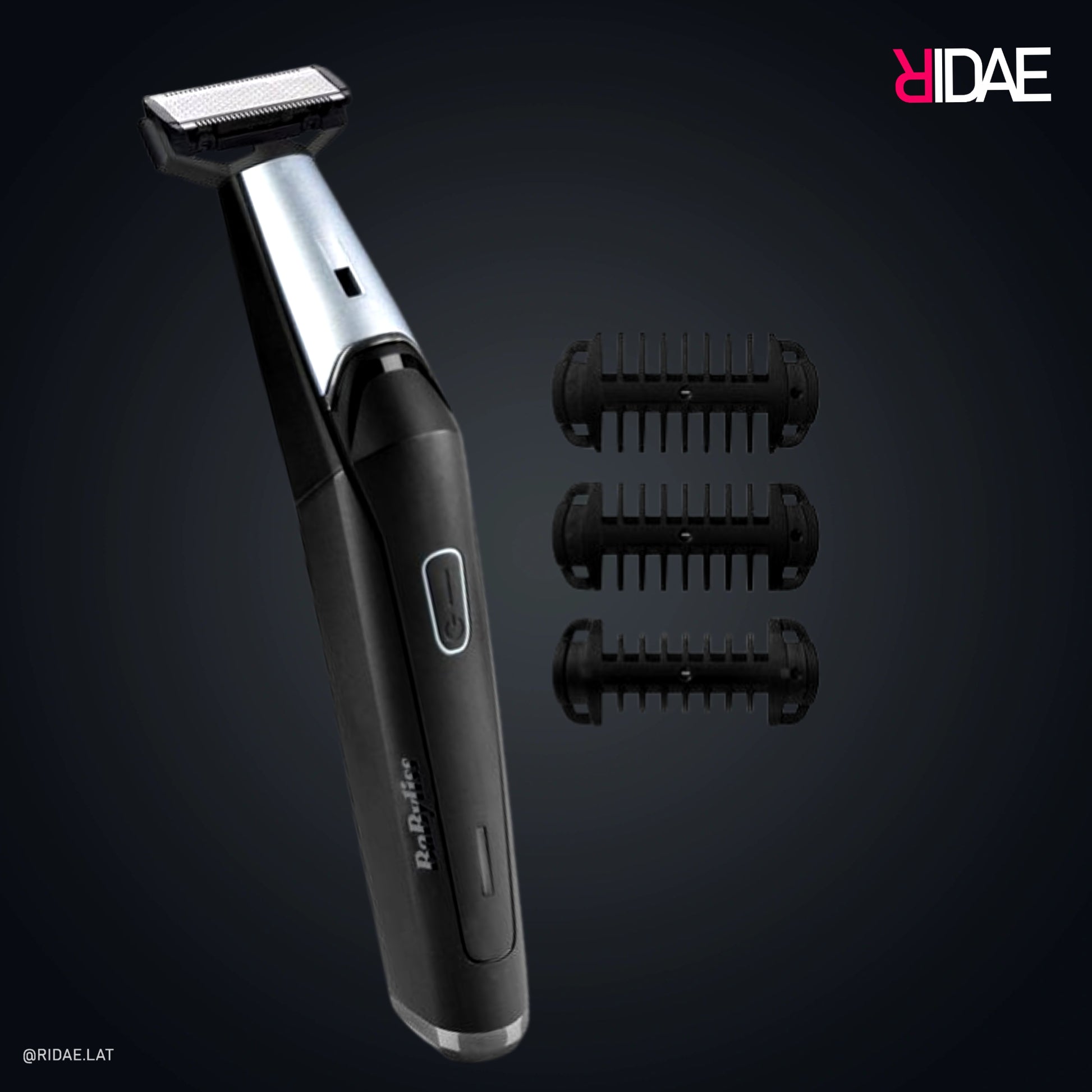 Recortadora híbrida BaByliss Super-X Metal Series X-Blade con mango negro y plateado, cuchilla de doble filo y tres peines guía flotantes.